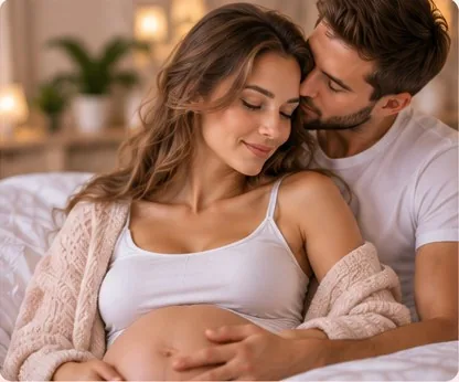 Будущие родители нежно обнимаются дома